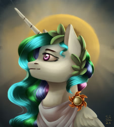 Size: 1800x2000 | Tagged: safe, artist:brilliant-luna, derpibooru import, princess celestia, bust, cape, clothes, female, halo, jewelry, laurel wreath, portrait, roman, solo, solo female