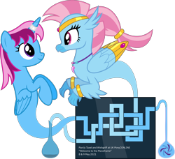 Size: 7006x6400 | Tagged: safe, artist:parclytaxel, derpibooru import, oc, oc only, oc:parcly taxel, oc:wishgriff, alicorn, classical hippogriff, genie pony, hippogriff, pony, .svg available, absurd resolution, ain't never had friends like us, albumin flask, bottle, eye contact, female, floating, genie, looking at each other, mare, parcly's travel covers, raised claw, raised hoof, raised leg, simple background, smiling, tangled up, transparent background, uk ponycon, vector