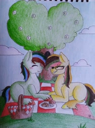 Size: 2836x3782 | Tagged: safe, artist:sweetie_plush6, derpibooru import, oc, oc only, earth pony, pony, basket, blushing, eyes closed, female, food, glasses, happy, high res, male, mare, muffin, picnic, picnic basket, smiling, stallion, traditional art