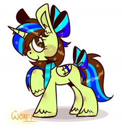 Size: 1939x1993 | Tagged: safe, artist:~w0xel~, derpibooru import, oc, oc only, oc:epsi, alicorn, pony, bow, clothes, cute, ethanepsc4, female, hair bow, looking at you, mare, scarf, smiling, solo, sparkle, sparkles, tail bow