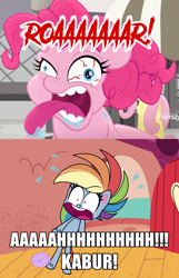 Size: 720x1118 | Tagged: safe, derpibooru import, edit, edited screencap, screencap, pinkie pie, rainbow dash, my little pony: pony life, rainbow roadtrip, unboxing day, bloodshot eyes, boulder media, discovery family logo, indonesian, meme, pinkie pie is best facemaker, roar, scaredy dash, screaming