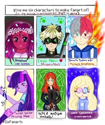 Size: 1080x1281 | Tagged: safe, artist:shravieeee, derpibooru import, human, equestria girls, adrien agreste, black widow (marvel), bust, crossover, female, floral head wreath, flower, harry potter, luna lovegood, male, miraculous ladybug, my hero academia, six fanarts