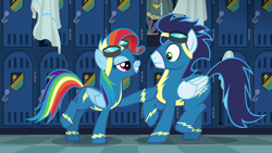 Size: 1920x1080 | Tagged: safe, derpibooru import, screencap, rainbow dash, soarin', pegasus, pony, newbie dash, alternate hairstyle, clothes, duo, female, male, mare, rainbow fash, soarindash, stallion, uniform, wonderbolts uniform