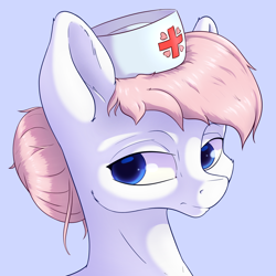 Size: 1800x1800 | Tagged: safe, artist:aquaticvibes, derpibooru import, nurse redheart, earth pony, pony, blue background, bust, female, hair bun, hat, mare, nurse hat, simple background, solo, stray strand