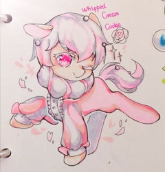 Size: 1082x1126 | Tagged: safe, artist:v17nvlsyu9ljsro, derpibooru import, earth pony, pony, cookie run, male, petals, ponified, rose petals, simple background, text, traditional art, whipped cream cookie