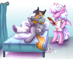 Size: 800x650 | Tagged: safe, artist:cabbage-arts, derpibooru import, oc, oc only, oc:haiky haiku, oc:jumping jack, bat pony, cat, pegasus, bed, clipboard, couple, duo, hat, hospital, hospital bed, nurse outfit