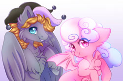 Size: 1024x679 | Tagged: safe, artist:cabbage-arts, derpibooru import, oc, oc:haiky haiku, oc:jumping jack, bat pony, pegasus, couple, duo, hat, jester