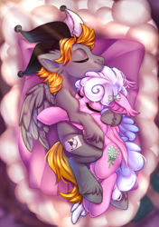 Size: 700x996 | Tagged: safe, artist:cabbage-arts, derpibooru import, oc, oc:haiky haiku, oc:jumping jack, bat pony, pegasus, cloud, couple, cuddling, duo, sleeping, snuggling