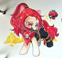 Size: 1285x1190 | Tagged: safe, artist:v17nvlsyu9ljsro, derpibooru import, earth pony, pony, bandana, belt, bits, chilli pepper cookie, clothes, cookie run, female, knife, ponified, ponytail, simple background, skull, traditional art