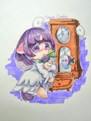 Size: 1536x2048 | Tagged: safe, artist:v17nvlsyu9ljsro, derpibooru import, ghost, pony, undead, unicorn, clock, cookie run, crying, female, onion cookie, plushie, ponified, sad, simple background, text