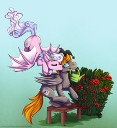 Size: 854x934 | Tagged: safe, artist:gela98, derpibooru import, oc, oc only, oc:haiky haiku, oc:jumping jack, bat, bat pony, pegasus, couple, duo, garden, holiday, valentine, valentine's day