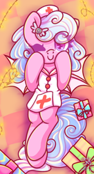 Size: 1350x2480 | Tagged: safe, alternate version, artist:musicfirewind, derpibooru import, oc, oc:haiky haiku, bat pony, pony, bed, christmas, commission, cute, female, holiday, lights, lying down, mare, nurse, present, solo, ych result