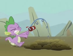 Size: 1139x880 | Tagged: safe, derpibooru import, screencap, spike, dragon, a dog and pony show, cropped, dragging, eyes closed, fishing rod, gritted teeth, hole, male, solo