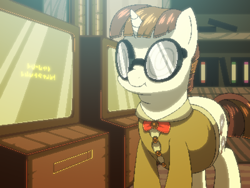 Size: 800x600 | Tagged: safe, artist:rangelost, derpibooru import, oc, oc only, pony, unicorn, cyoa:d20 pony, fat, glasses, indoors, librarian, library, male, solo, stallion, standing, story included