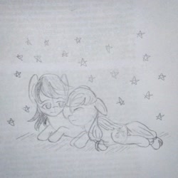 Size: 1280x1280 | Tagged: safe, artist:snowzaaah, derpibooru import, applejack, rainbow dash, earth pony, pegasus, pony, appledash, appledashdailydoodles, doodle, female, lesbian, monochrome, pencil drawing, shipping, sketch, traditional art