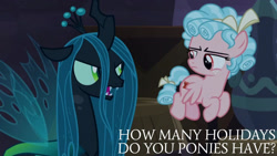 Size: 1280x720 | Tagged: safe, derpibooru import, edit, edited screencap, editor:quoterific, screencap, cozy glow, queen chrysalis, changeling, pegasus, pony, season 9, the summer sun setback, caption, duo, duo female, female, filly, mare, open mouth, text, vase