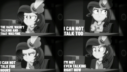 Size: 1280x720 | Tagged: safe, derpibooru import, edit, edited screencap, editor:quoterific, screencap, rarity, better together, equestria girls, rarity investigates: the case of the bedazzled boot, black and white, crossed arms, female, grayscale, hat, monochrome, rarity investigates (eqg): trixie, solo