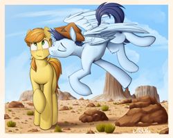 Size: 2000x1600 | Tagged: safe, artist:uliovka, derpibooru import, braeburn, soarin', earth pony, pegasus, pony, blushing, cloud, colored pupils, cowboy hat, cute, day, desert, eyes closed, eyes rolling back, flying, gay, grass, hat, kiss on the cheek, kissing, male, outdoors, raised hoof, raised leg, shipping, sky, smiling, soarburn, spread wings, stallion, wings