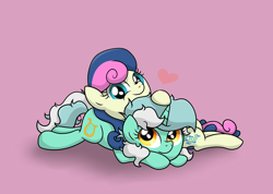 Size: 4526x3231 | Tagged: safe, artist:background basset, derpibooru import, bon bon, lyra heartstrings, sweetie drops, earth pony, pony, unicorn, duo, duo female, female, heart, lesbian, lying down, lying on top of someone, lyrabon, pink background, shipping, simple background