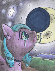 Size: 4446x5777 | Tagged: safe, artist:sienna fierywolf, derpibooru import, oc, pegasus, crying, female, mare, moon, night, not izzy, stars