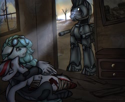 Size: 2180x1780 | Tagged: safe, artist:megabait, derpibooru import, oc, pony, fallout equestria, armor, cyberman, dashite, injured, steel ranger