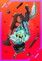 Size: 1333x1950 | Tagged: safe, artist:mjsw, derpibooru import, lyra heartstrings, pony, unicorn, female, flying, grenade, gun, mare, rocket jump, rocket launcher, shotgun, soldier, solo, team fortress 2, weapon