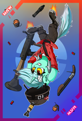 Size: 1333x1950 | Tagged: safe, alternate version, artist:mjsw, derpibooru import, lyra heartstrings, pony, unicorn, female, flying, grenade, gun, mare, rocket jump, rocket launcher, shotgun, soldier, solo, team fortress 2, weapon