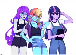 Size: 1848x1338 | Tagged: safe, artist:aaa-its-spook, derpibooru import, rainbow dash, rarity, sci-twi, twilight sparkle, equestria girls, bandaid, bandaid on nose, belly button, button, clothes, cutie mark, denim shorts, female, glasses, jacket, lesbian, midriff, notebook, overalls, scitwidash, shipping, shorts, tanktop, twidash