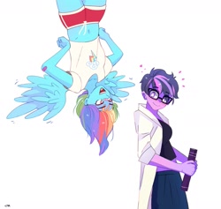 Size: 1713x1624 | Tagged: safe, artist:aaa-its-spook, derpibooru import, rainbow dash, sci-twi, twilight sparkle, equestria girls, bandaid, bandaid on nose, belly button, clothes, cutie mark, female, haircut, lab coat, lesbian, midriff, scitwidash, shipping, short hair, shorts, twidash, upside down