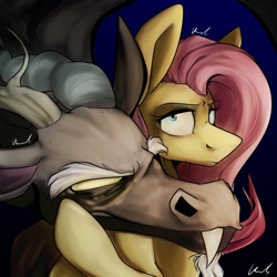 Size: 2048x2048 | Tagged: safe, artist:crookedbeetles, derpibooru import, discord, fluttershy, draconequus, pegasus, pony, empty eyes, female, looking at you, male, mare