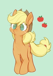 Size: 1426x2048 | Tagged: safe, artist:noupu, derpibooru import, applejack, earth pony, pony, apple, colored pupils, cute, female, food, green background, jackabetes, mare, simple background, solo