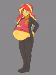 Size: 1620x2160 | Tagged: safe, artist:lunatic2028, derpibooru import, sunset shimmer, comic:inner thoughts, equestria girls, belly, belly button, big belly, clothes, coat, gray background, hand on hip, happy, jacket, looking down, outie belly button, pants, pregnant, scarf, shoes, simple background, smiling, sunset preggers, sweater