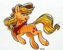 Size: 1027x810 | Tagged: safe, artist:rover, derpibooru import, applejack, earth pony, pony, applejack's hat, clothes, cowboy hat, cute, female, hat, jackabetes, jumping, mare, traditional art