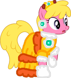 Size: 654x719 | Tagged: safe, artist:hellygirls, artist:kooner-cz, derpibooru import, edit, cherry berry, earth pony, pony, a bird in the hoof, 1000 hours in ms paint, background pony, barely pony related, clothes, costume, crossover, crown, dress, ear piercing, earring, female, gloves, gown, jewelry, mare, nintendo, piercing, princess, princess daisy, raised hoof, raised leg, regalia, simple background, solo, super mario bros., transparent background, vector, yellow dress