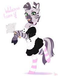 Size: 981x1287 | Tagged: safe, artist:ravenie, derpibooru import, oc, oc only, oc:zebra north, zebra, clothes, crossdressing, dress, duster, femboy, girly, happy, looking at you, maid, maid headdress, male, outfit, skirt, socks, solo, stallion, striped socks, zebra femboy, zebra oc