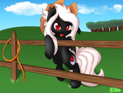 Size: 2048x1536 | Tagged: safe, artist:icy wings, derpibooru import, oc, oc only, oc:midnight ruby, bat pony, bat pony oc, bipedal, commission, commissioner:nova saber 97, cowboy hat, fangs, fence, hat, heart eyes, looking at you, open mouth, red eyes, rope, white mane, wingding eyes