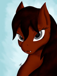 Size: 1280x1707 | Tagged: safe, artist:tunrae, derpibooru import, oc, oc only, oc:mfa, hybrid, pony, bedroom eyes, bust, fangs, female, gray eyes, hybrid oc, looking at you, simple background, solo