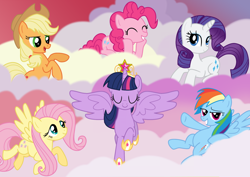 Size: 3508x2480 | Tagged: safe, derpibooru import, applejack, fluttershy, pinkie pie, rainbow dash, rarity, twilight sparkle, twilight sparkle (alicorn), alicorn, earth pony, pegasus, pony, unicorn, castle sweet castle, big crown thingy, cloud, crown, element of magic, female, jewelry, mane six, mare, regalia, smiling, spread wings, wings