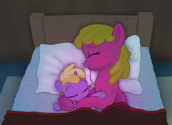 Size: 2250x1626 | Tagged: safe, artist:xbi, derpibooru import, cherry berry, dinky hooves, earth pony, pony, unicorn, background pony, bed, bedroom, blanket, cherrybetes, cuddling, cute, dinkabetes, duo, eyes closed, female, filly, mare, night, overhead view, pillow, redraw, rug, sleeping, smiling, snuggling