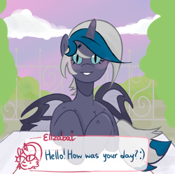 Size: 1089x1080 | Tagged: safe, artist:brooklynbaby, derpibooru import, oc, oc only, oc:elizabat stormfeather, alicorn, bat pony, bat pony alicorn, pony, alicorn oc, bat pony oc, bat wings, blushing, commission, cute, dating sim, female, grin, horn, looking at you, mare, smiling, solo, table, wings, ych result