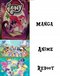 Size: 1522x1920 | Tagged: safe, derpibooru import, apple bloom, applejack, big macintosh, bon bon, diamond tiara, dj pon-3, fluttershy, gummy, lily, lily valley, lyra heartstrings, octavia melody, owlowiscious, pinkie pie, princess celestia, princess luna, rainbow dash, rarity, scootaloo, silver spoon, snails, snips, spike, sweetie belle, sweetie drops, twilight sparkle, twilight sparkle (alicorn), vinyl scratch, alicorn, dragon, earth pony, pegasus, pony, unicorn, my little pony: pony life, anime, applejack's hat, bipedal, book, clothes, cowboy hat, female, hat, jewelry, male, mane seven, mane six, manga, my little pony logo, op is not even trying