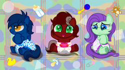 Size: 1280x720 | Tagged: safe, artist:spellboundcanvas, derpibooru import, oc, oc:purple note, oc:red treasure, oc:stardust, earth pony, pegasus, pony, adorable face, baby, baby bottle, baby pony, colt, cute, diaper, female, filly, grumpy, happy, male, music notes, nervous, pacifier, stars, teddy bear, treasure map