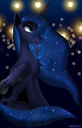Size: 2115x3295 | Tagged: safe, artist:qnighter, derpibooru import, princess luna, alicorn, pony, chest fluff, feather, female, grooming, high res, lights, majestic as fuck, mare, night, preening, solo
