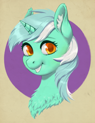 Size: 2726x3525 | Tagged: safe, artist:taytinabelle, derpibooru import, lyra heartstrings, pony, unicorn, bust, chest fluff, cute, ear fluff, ears, female, grin, happy, looking at you, mare, open mouth, simple background, smiling, solo