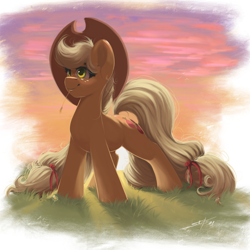 Size: 2048x2048 | Tagged: safe, artist:skitsroom, applejack, earth pony, pony, dandelion, female, freckles, long mane, long tail, mare, solo, straw in mouth, sunrise