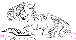 Size: 672x358 | Tagged: safe, artist:hattsy, twilight sparkle, unicorn twilight, pony, unicorn, black and white, book, bookhorse, female, grayscale, mare, monochrome, prone, reading, simple background, sketch, solo, white background