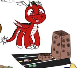 Size: 996x874 | Tagged: safe, artist:2k.bugbytes, oc, oc:dragonfire(havock), dracony, blep, claws, colored, horns, playset, red eyes, tail, toy, wings, younger