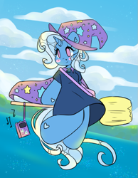Size: 579x745 | Tagged: safe, artist:bunxl, derpibooru import, trixie, anthro, unicorn, blushing, broom, cape, clothes, cute, diatrixes, dress, female, flying, hat, heart, hoof hands, kiki's delivery service, music notes, purse, radio, smiling, solo, trixie's cape, trixie's hat, witch, witch broom