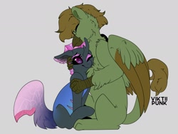 Size: 2048x1536 | Tagged: safe, artist:viktiipunk, derpibooru import, oc, oc only, changeling, griffon, pony, ears, eyes closed, floppy ears, glasses, hug, one eye closed, purple changeling, smiling