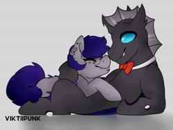 Size: 4000x3000 | Tagged: safe, artist:viktiipunk, derpibooru import, oc, oc only, bat pony, changeling, pony, bat pony oc, bowtie, changeling oc, cuddling, ear piercing, earring, eyes closed, high res, jewelry, piercing, smiling